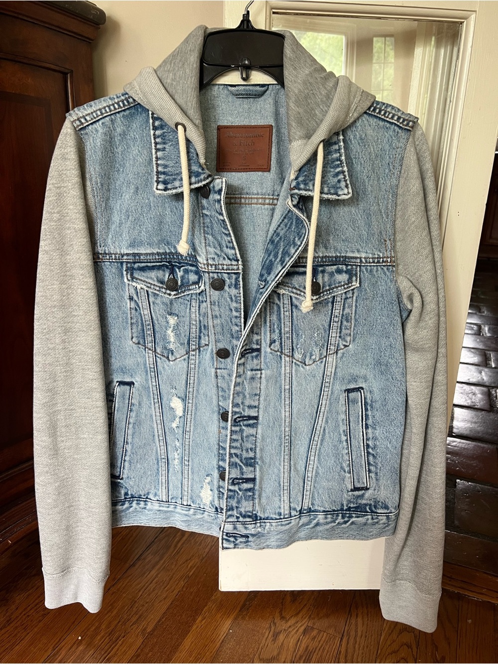 Abercrombie & Fitch Light Blue Denim Jacket with Gray Hoodie Sleeves. New no tag